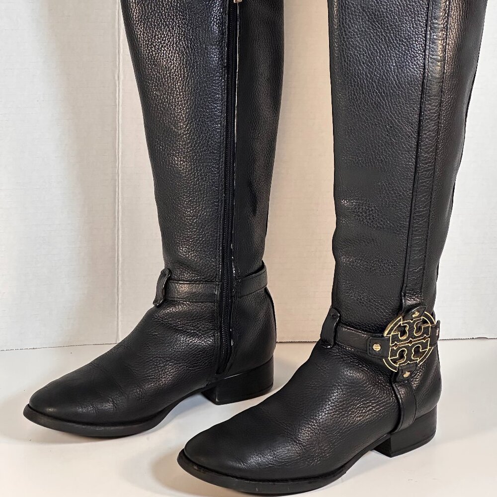 Tory Burch Black Leather Knee-High Riding Boots with Gold Logo Medallion
